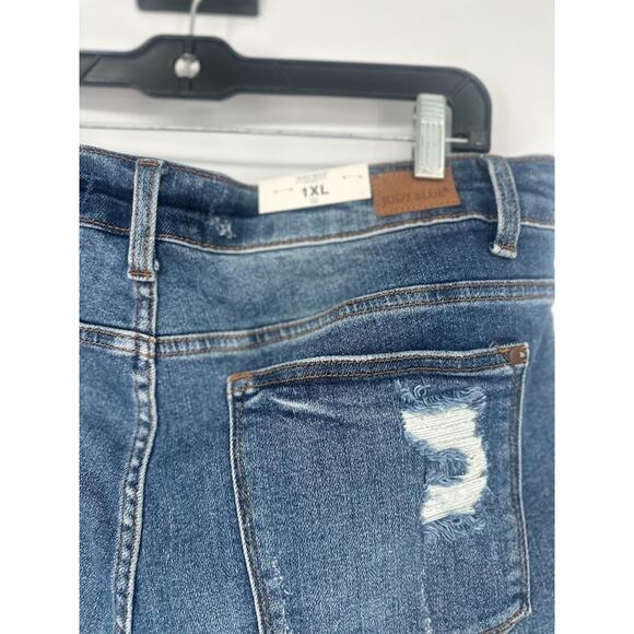 Judy Blue Shorts Womens 1XL Blue Distressed Sun Embroidery High Rise Raw Cut Off - Picture 5 of 12